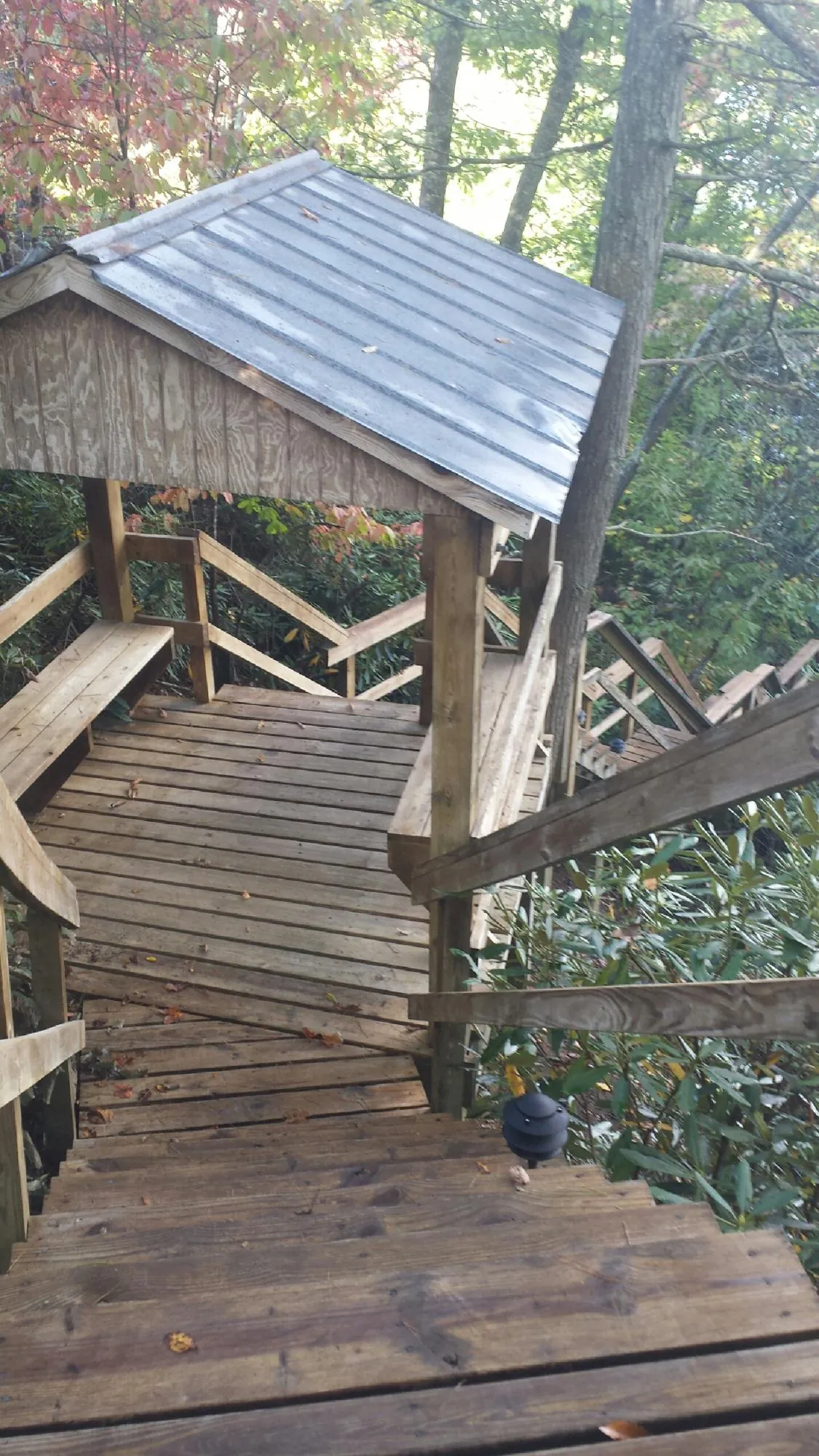 Metal roofed shelter over wooden steps on a wooded walkway — Skylight Repair & Installation work by our crew in Williston Park